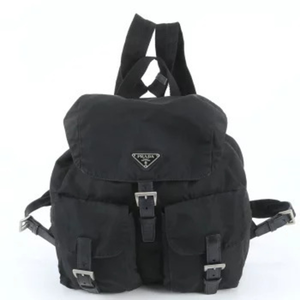 Prada Tessuto Backpack Triangle Leather Accents Black White